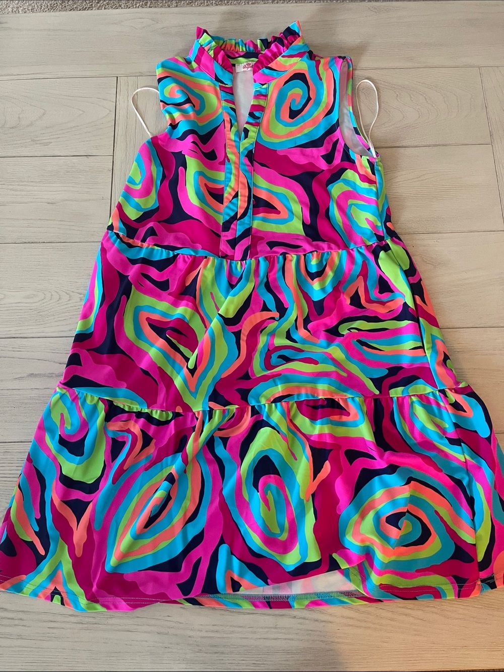 Aryeh Neon Swirl and twirl Tiered Mini Dress in Hot Pink, Lime & Aqua